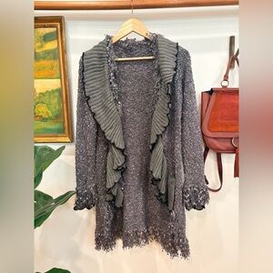 Boho Fringe Knit Cardigan w/ Ruffle Collar Earth Tone Cozy Layer